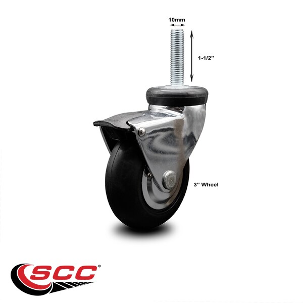 3 Inch Chrome Hooded Neoprene Rubber 10mm Threaded Stem Caster with Brake SCC